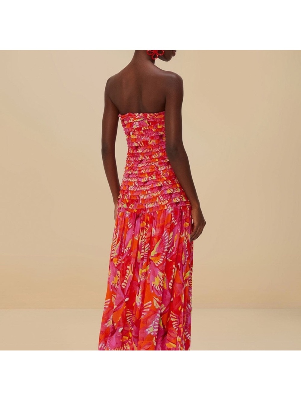 Farm Rio - NWT- Orange Flying Birds Strapless Smocked Maxi Dress - Picture 3 of 15